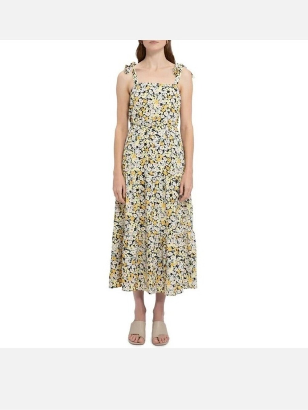Sanctuary Social Standard Floral Tie-Shoulder Midi Dress in Yellow and White